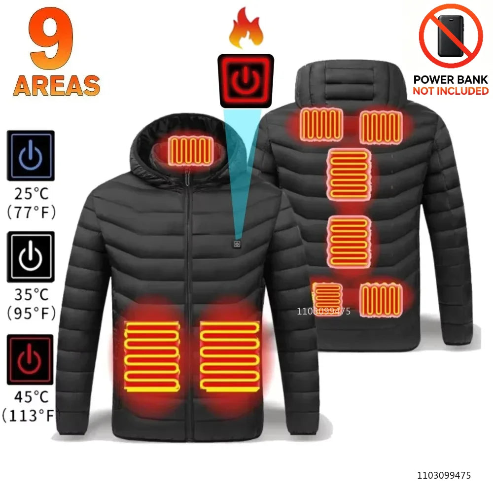 9-Areas-jacket-Black Color USB Heated Winter Jacket With Adjustable Temperature