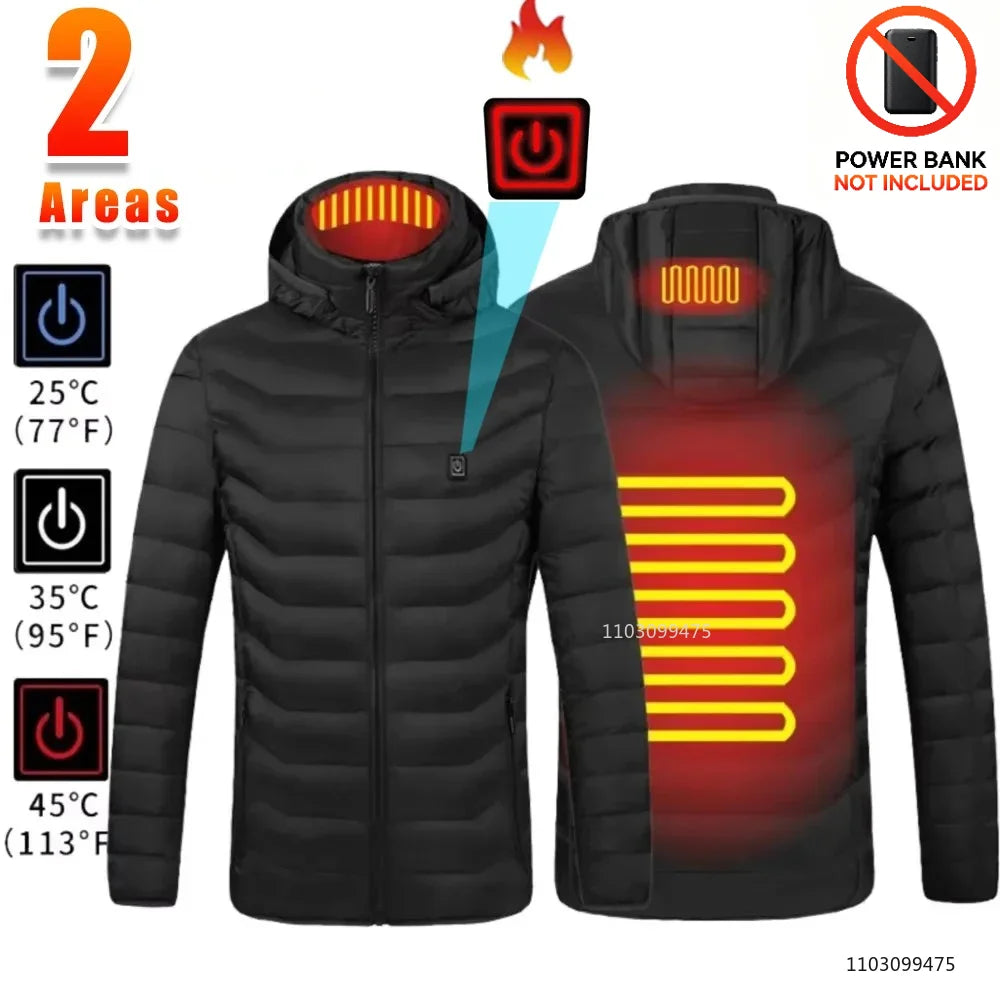 2-Areas-jacket-Black Color USB Heated Winter Jacket With Adjustable Temperature